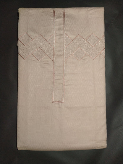 Men’s Beige Cotton Linen Jacquard Kurta Pajama Fabric (Unstitched) – Designer Geometric Embroidery Neck Panel, Festive & Wedding Wear