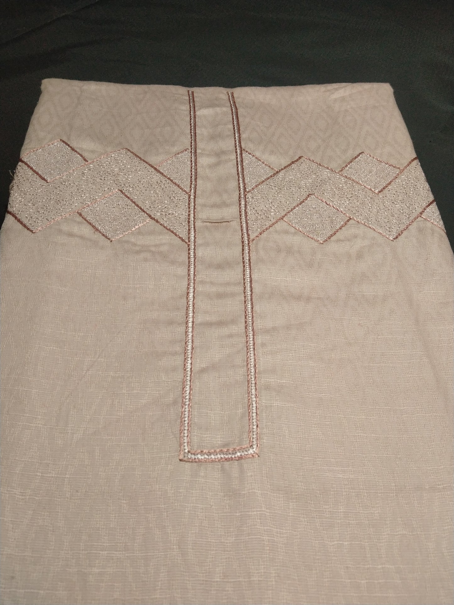 Men’s Beige Cotton Linen Jacquard Kurta Pajama Fabric (Unstitched) – Designer Geometric Embroidery Neck Panel, Festive & Wedding Wear