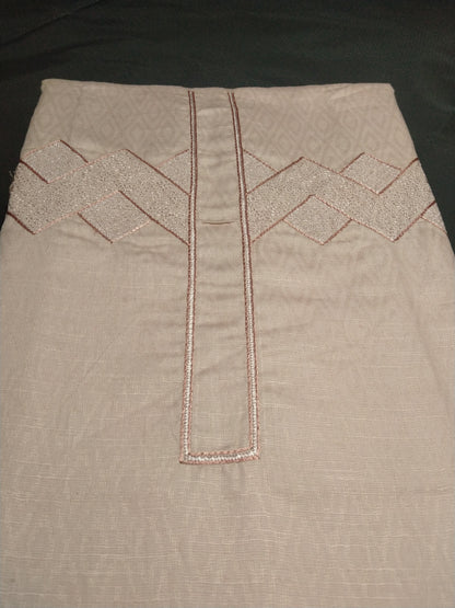 Men’s Beige Cotton Linen Jacquard Kurta Pajama Fabric (Unstitched) – Designer Geometric Embroidery Neck Panel, Festive & Wedding Wear