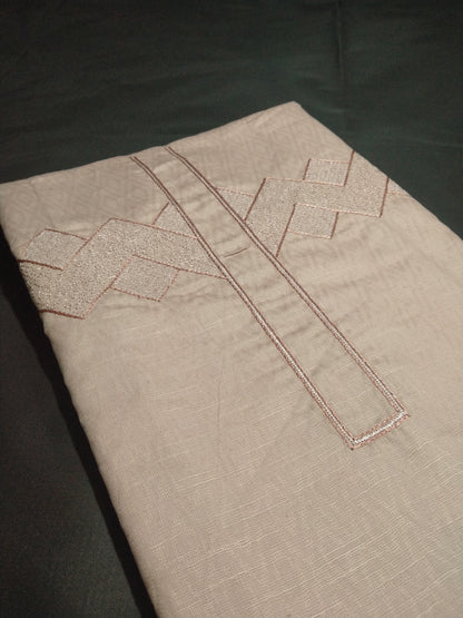 Men’s Beige Cotton Linen Jacquard Kurta Pajama Fabric (Unstitched) – Designer Geometric Embroidery Neck Panel, Festive & Wedding Wear