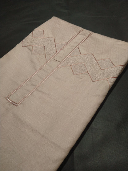 Men’s Beige Cotton Linen Jacquard Kurta Pajama Fabric (Unstitched) – Designer Geometric Embroidery Neck Panel, Festive & Wedding Wear