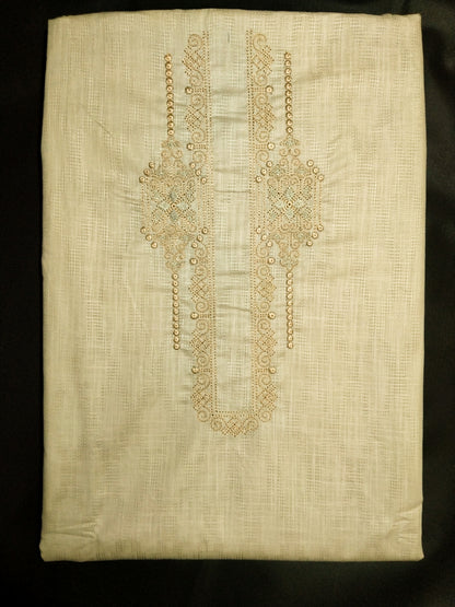 Cream Cotton Linen Jacquard Embroidered Kurta Pajama Fabric Set – Tone-on-Tone Designer Work – Unstitched – 2m Kurta + 1.25m Pajama – 58" Width