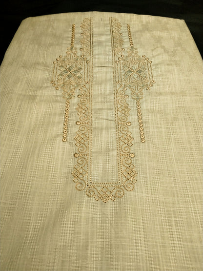 Cream Cotton Linen Jacquard Embroidered Kurta Pajama Fabric Set – Tone-on-Tone Designer Work – Unstitched – 2m Kurta + 1.25m Pajama – 58" Width