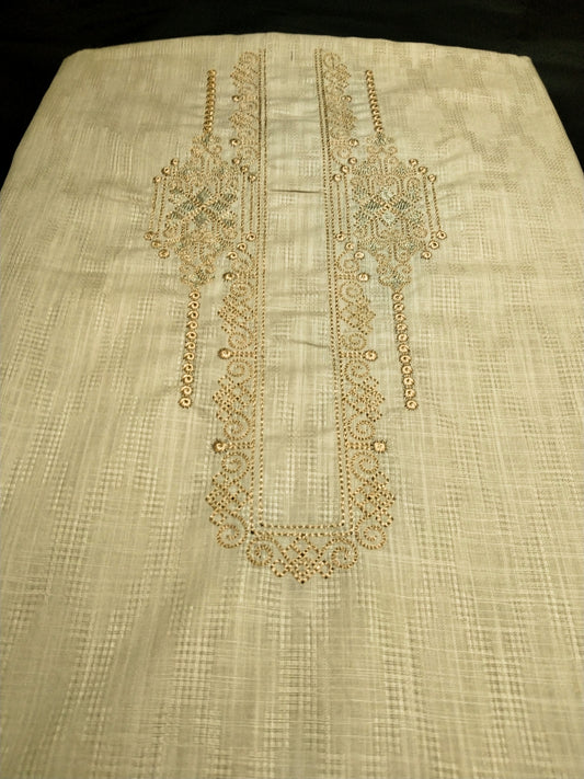Cream Cotton Linen Jacquard Embroidered Kurta Pajama Fabric Set – Tone-on-Tone Designer Work – Unstitched – 2m Kurta + 1.25m Pajama – 58" Width