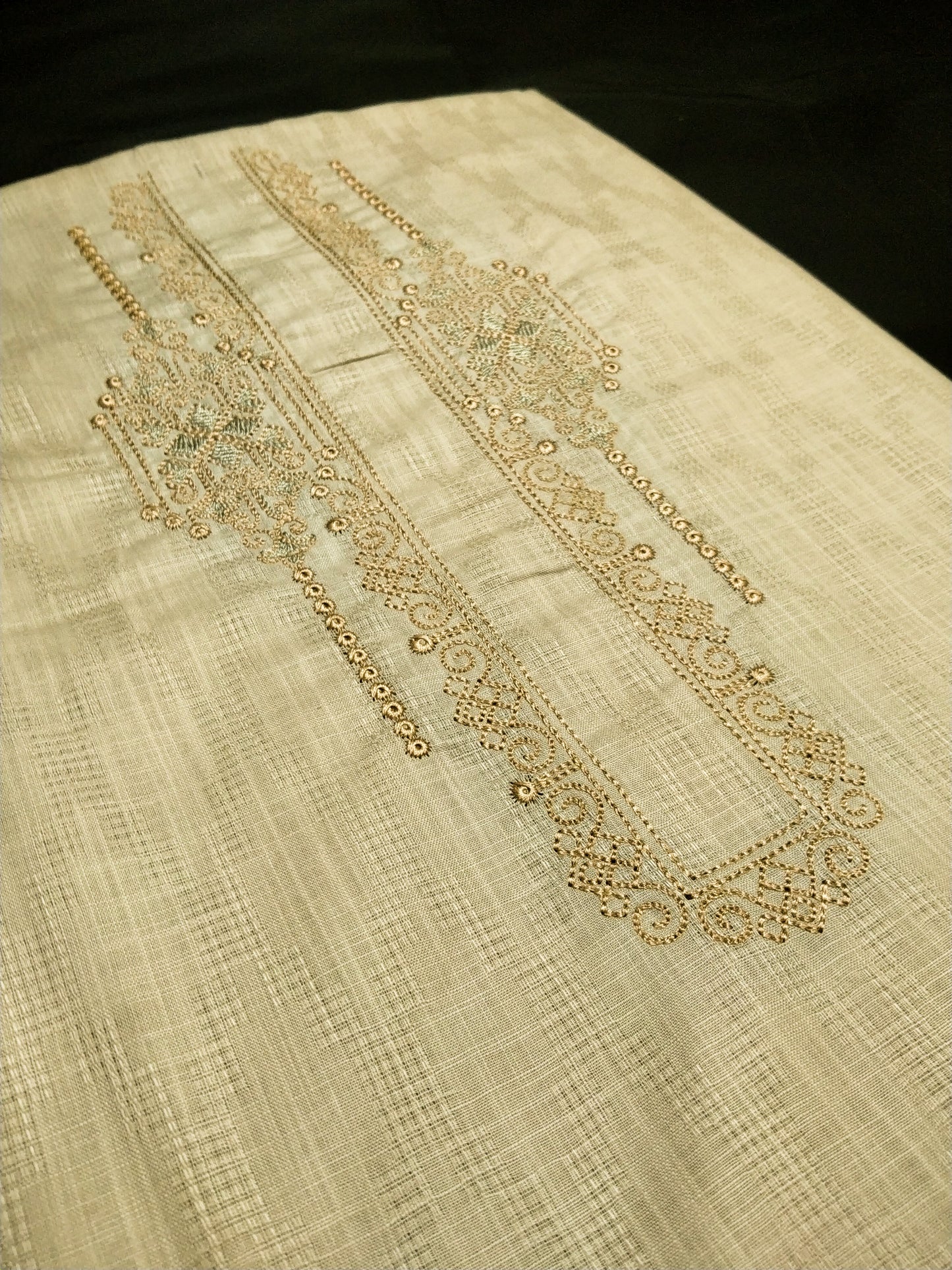 Cream Cotton Linen Jacquard Embroidered Kurta Pajama Fabric Set – Tone-on-Tone Designer Work – Unstitched – 2m Kurta + 1.25m Pajama – 58" Width