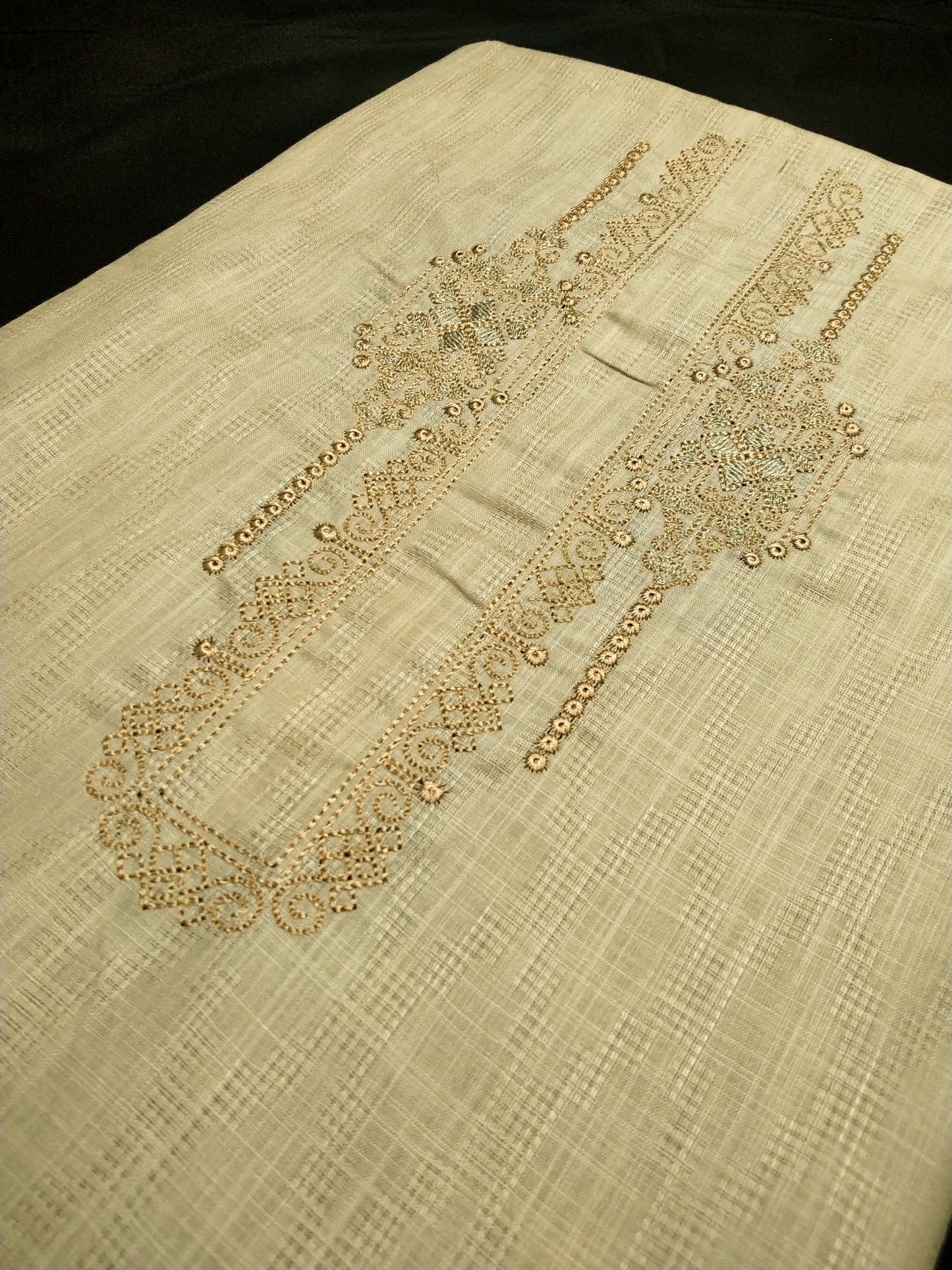 Cream Cotton Linen Jacquard Embroidered Kurta Pajama Fabric Set – Tone-on-Tone Designer Work – Unstitched – 2m Kurta + 1.25m Pajama – 58" Width