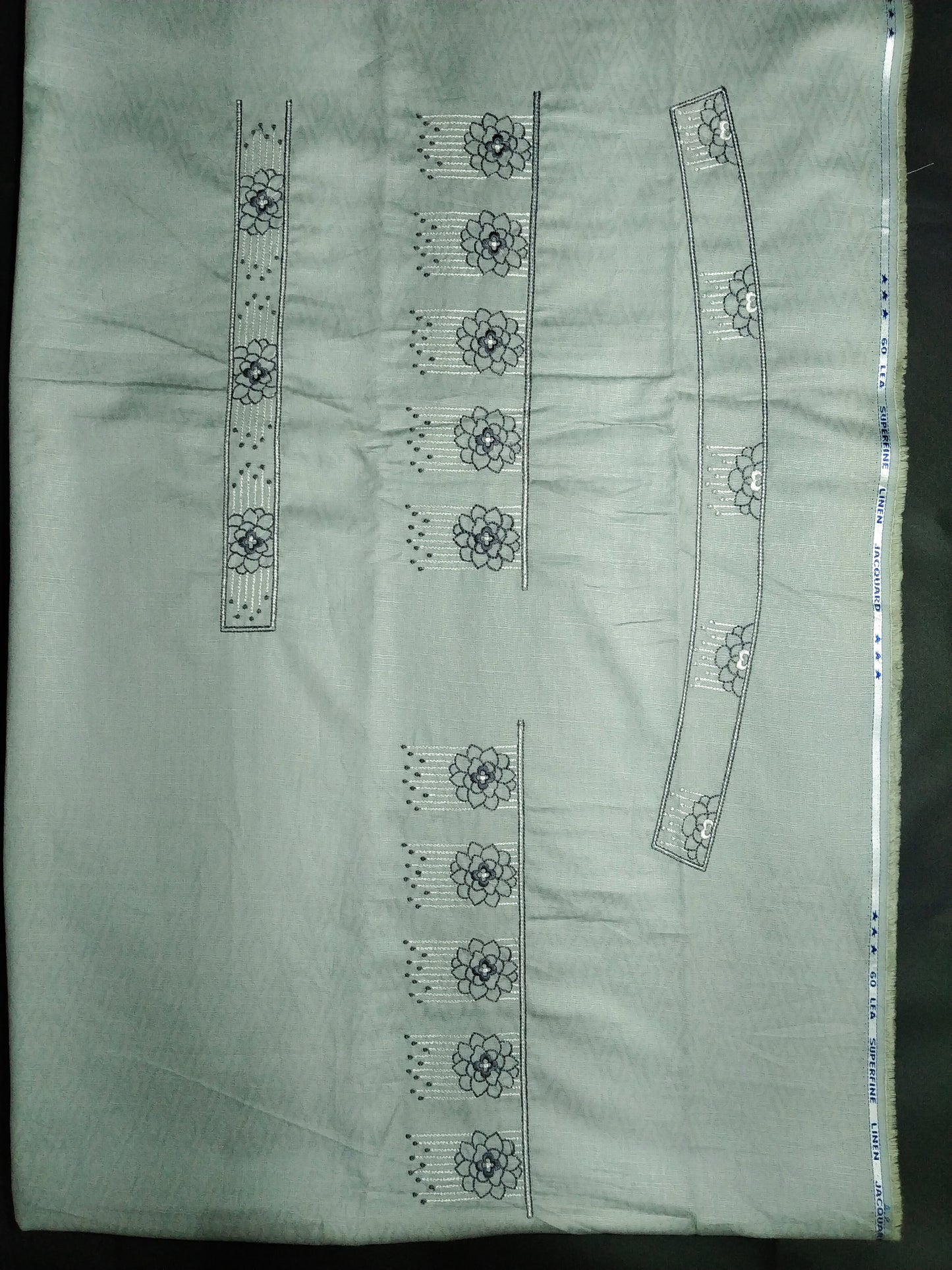Light Sage Green Cotton Linen Jacquard Embroidered Kurta Pajama Fabric Set – Floral Panel Designer Work – Unstitched – 2m Kurta + 1.25m Pajama – 58" Width