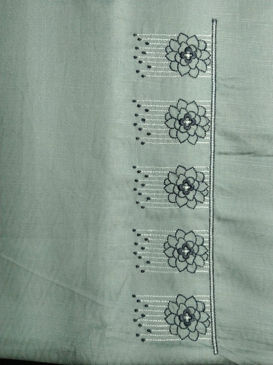 Light Sage Green Cotton Linen Jacquard Embroidered Kurta Pajama Fabric Set – Floral Panel Designer Work – Unstitched – 2m Kurta + 1.25m Pajama – 58" Width