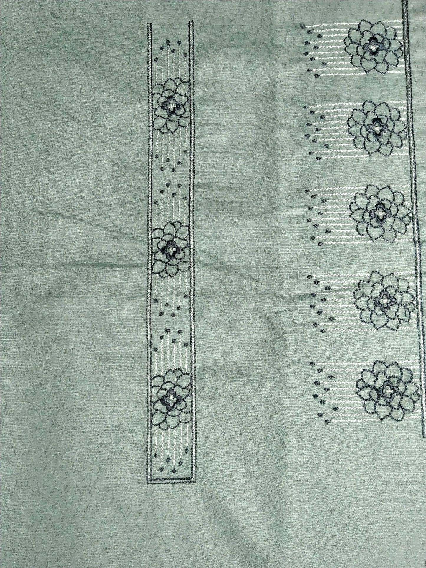 Light Sage Green Cotton Linen Jacquard Embroidered Kurta Pajama Fabric Set – Floral Panel Designer Work – Unstitched – 2m Kurta + 1.25m Pajama – 58" Width