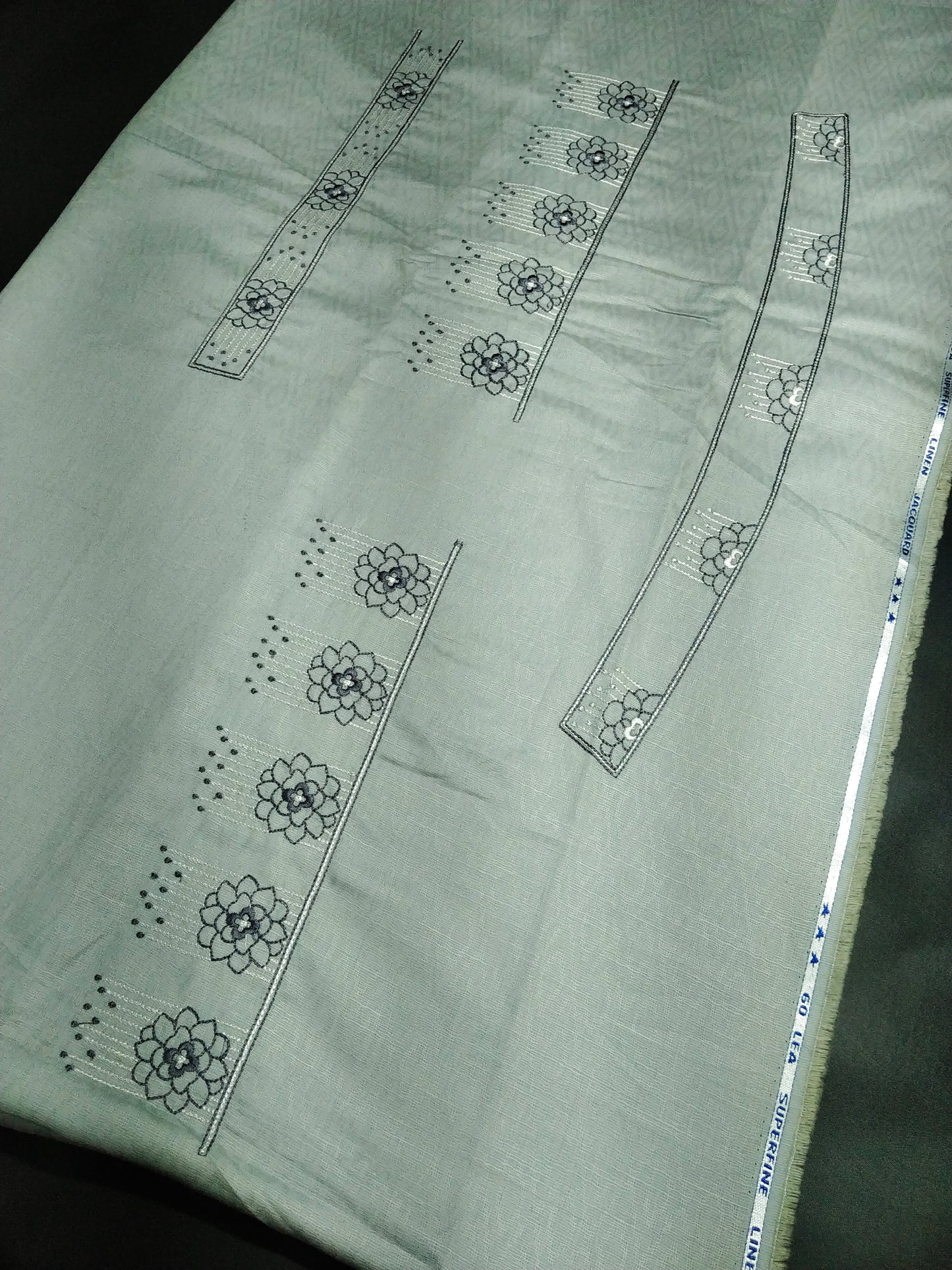 Light Sage Green Cotton Linen Jacquard Embroidered Kurta Pajama Fabric Set – Floral Panel Designer Work – Unstitched – 2m Kurta + 1.25m Pajama – 58" Width