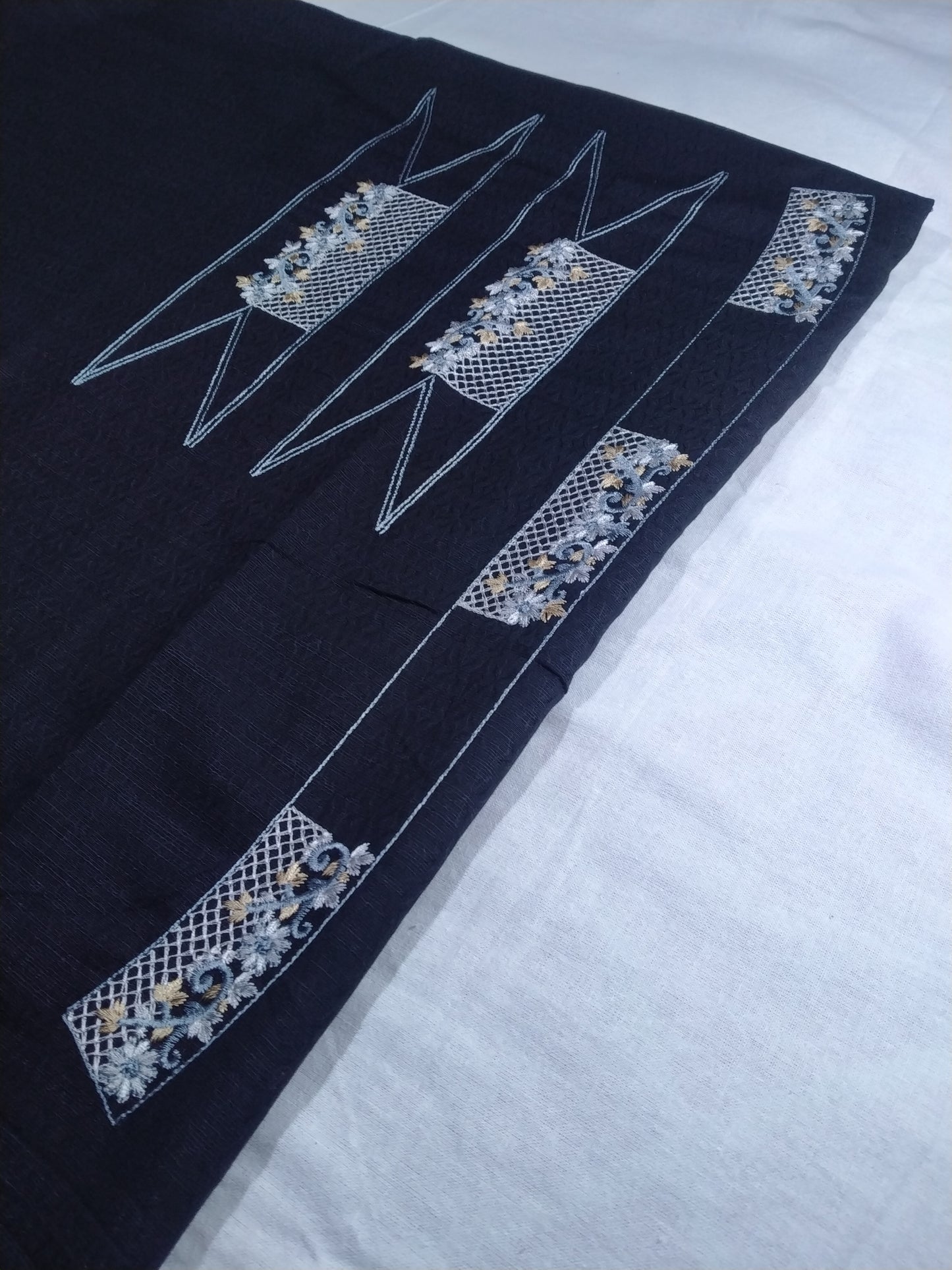 Men’s Black Cotton Linen Jacquard Kurta Pajama Fabric (Unstitched) – Designer Embroidered Neck Panel, Wedding & Festive Wear, 2m Kurta + 1.25m Pajama