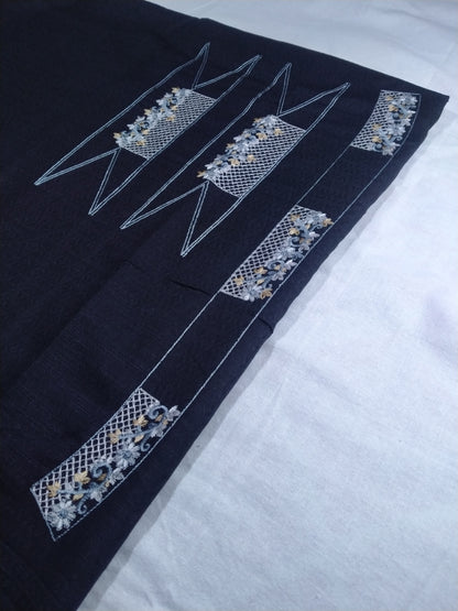 Men’s Black Cotton Linen Jacquard Kurta Pajama Fabric (Unstitched) – Designer Embroidered Neck Panel, Wedding & Festive Wear, 2m Kurta + 1.25m Pajama