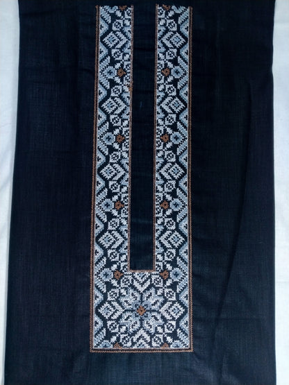 Men’s Dark Blue Designer Kurta Pajama Fabric (Unstitched) – Cotton Linen Jacquard with Heavy Embroidery, Wedding & Festive Kurta Material