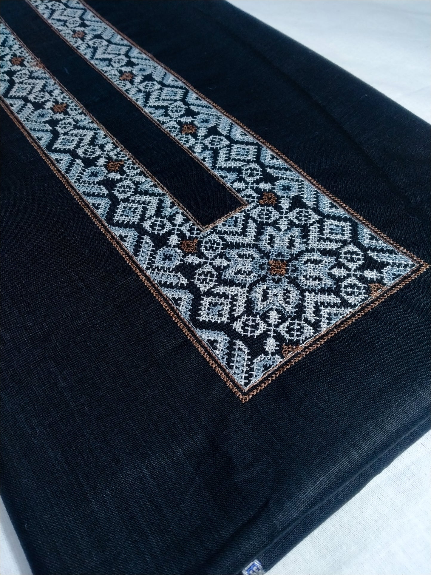 Men’s Dark Blue Designer Kurta Pajama Fabric (Unstitched) – Cotton Linen Jacquard with Heavy Embroidery, Wedding & Festive Kurta Material