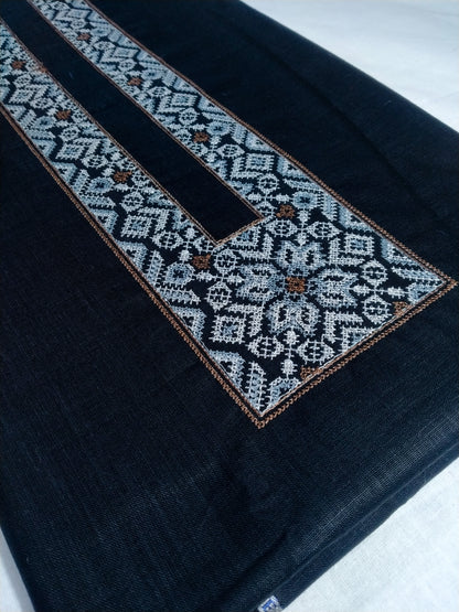 Men’s Dark Blue Designer Kurta Pajama Fabric (Unstitched) – Cotton Linen Jacquard with Heavy Embroidery, Wedding & Festive Kurta Material