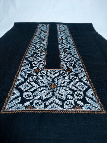 Men’s Dark Blue Designer Kurta Pajama Fabric (Unstitched) – Cotton Linen Jacquard with Heavy Embroidery, Wedding & Festive Kurta Material