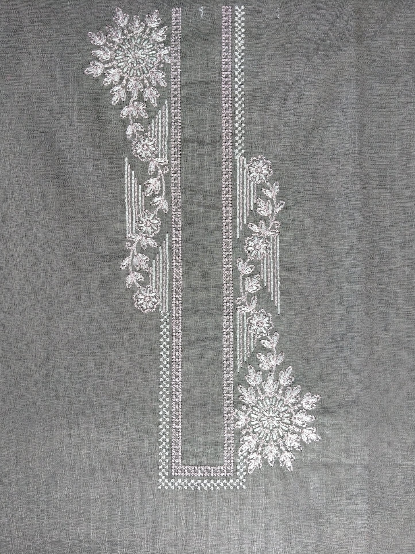 Men’s Grey Cotton Linen Jacquard Kurta Pajama Fabric (Unstitched) – Designer Floral Embroidery Neck Panel, Wedding & Festive Wear