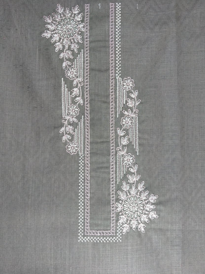 Men’s Grey Cotton Linen Jacquard Kurta Pajama Fabric (Unstitched) – Designer Floral Embroidery Neck Panel, Wedding & Festive Wear