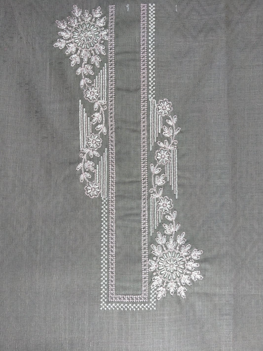 Men’s Grey Cotton Linen Jacquard Kurta Pajama Fabric (Unstitched) – Designer Floral Embroidery Neck Panel, Wedding & Festive Wear