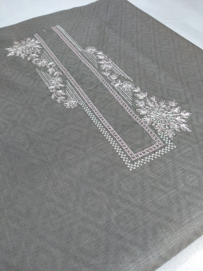 Men’s Grey Cotton Linen Jacquard Kurta Pajama Fabric (Unstitched) – Designer Floral Embroidery Neck Panel, Wedding & Festive Wear