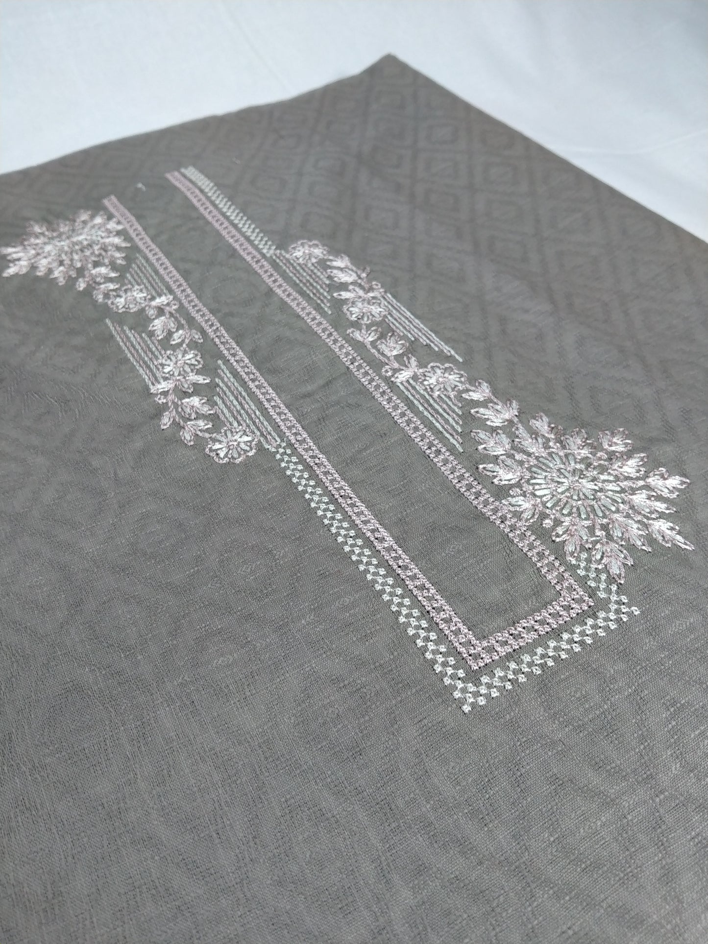 Men’s Grey Cotton Linen Jacquard Kurta Pajama Fabric (Unstitched) – Designer Floral Embroidery Neck Panel, Wedding & Festive Wear