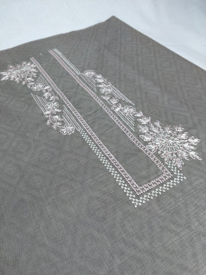 Men’s Grey Cotton Linen Jacquard Kurta Pajama Fabric (Unstitched) – Designer Floral Embroidery Neck Panel, Wedding & Festive Wear
