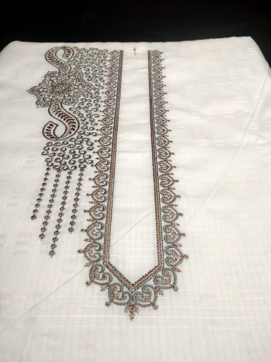Men's Embroidered Kurta Pajama Unstitched Fabric | White | Brown Thread Work