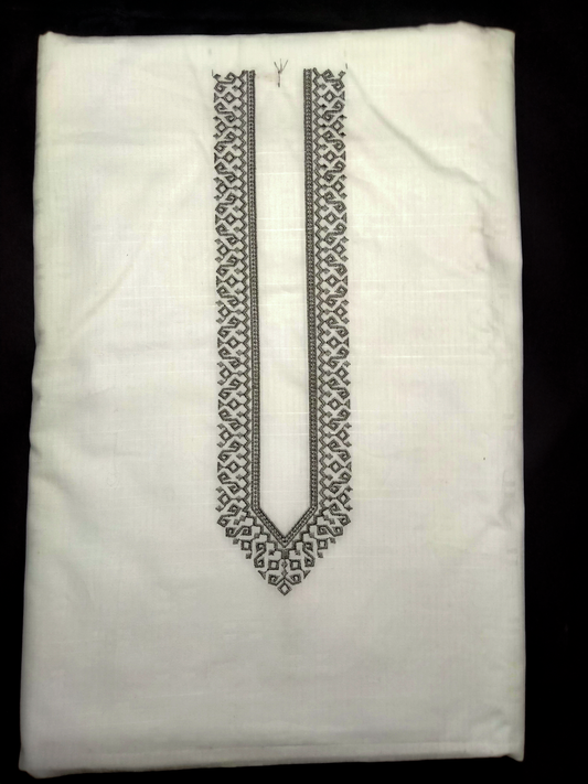 Men's White Embroidered Kurta Pajama Unstitched Set | Geometric Grey Thread Work | 2 Mtr + 1.25 Mtr