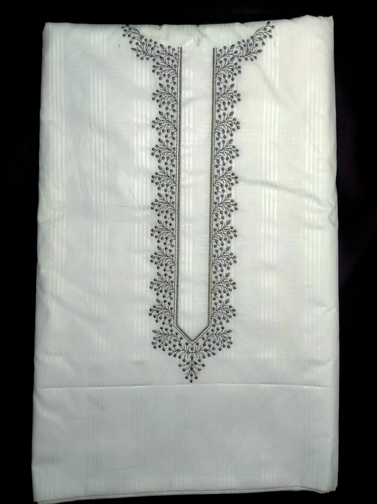 Men's White Floral Vine Embroidered Kurta Pajama Unstitched Set | Silver Grey Thread Work | 2 Mtr + 1.25 Mtr