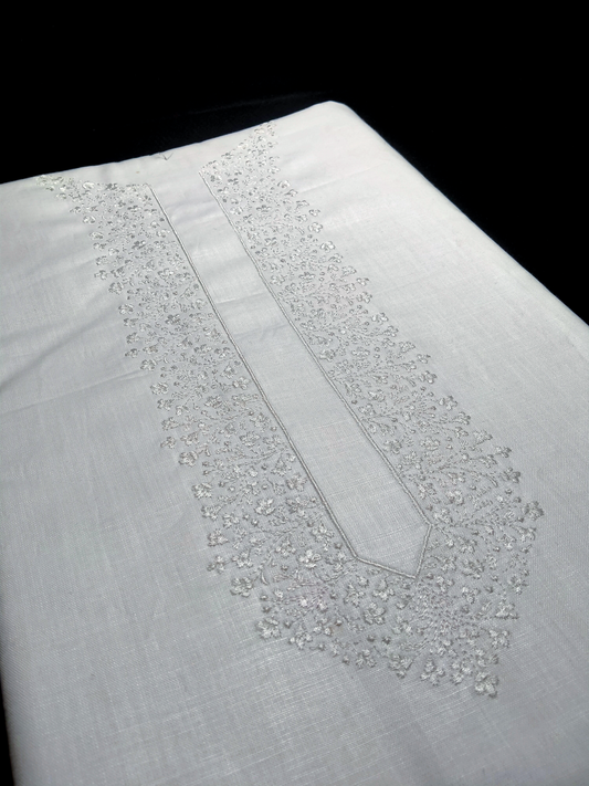Men's Bright White Self-Tone Floral Embroidered Kurta Pajama Unstitched Set | White on White Thread Work | 2 Mtr + 1.25 Mtr