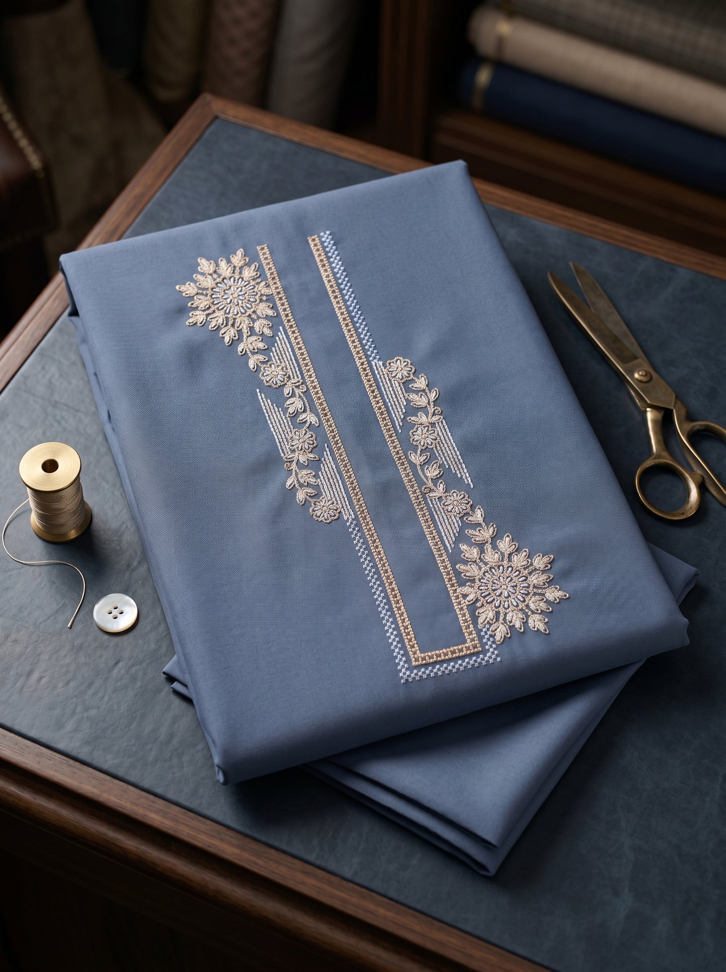 Armani Cotton Embroidered Kurta Pajama Fabric Set (Unstitched) – Floral Thread Work, Festive & Formal Wear