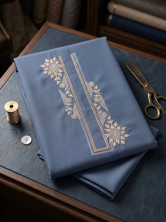 Armani Cotton Embroidered Kurta Pajama Fabric Set (Unstitched) – Floral Thread Work, Festive & Formal Wear